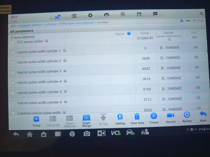 Datos en vivo del pulso de cada inyector
